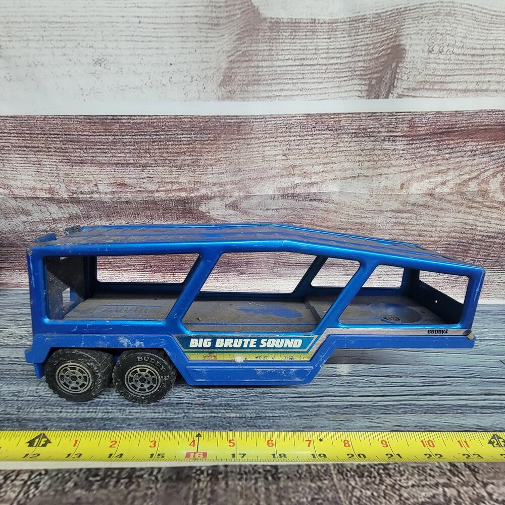 Vintage Buddy L pressed steel/plastic blue car hauler trailer